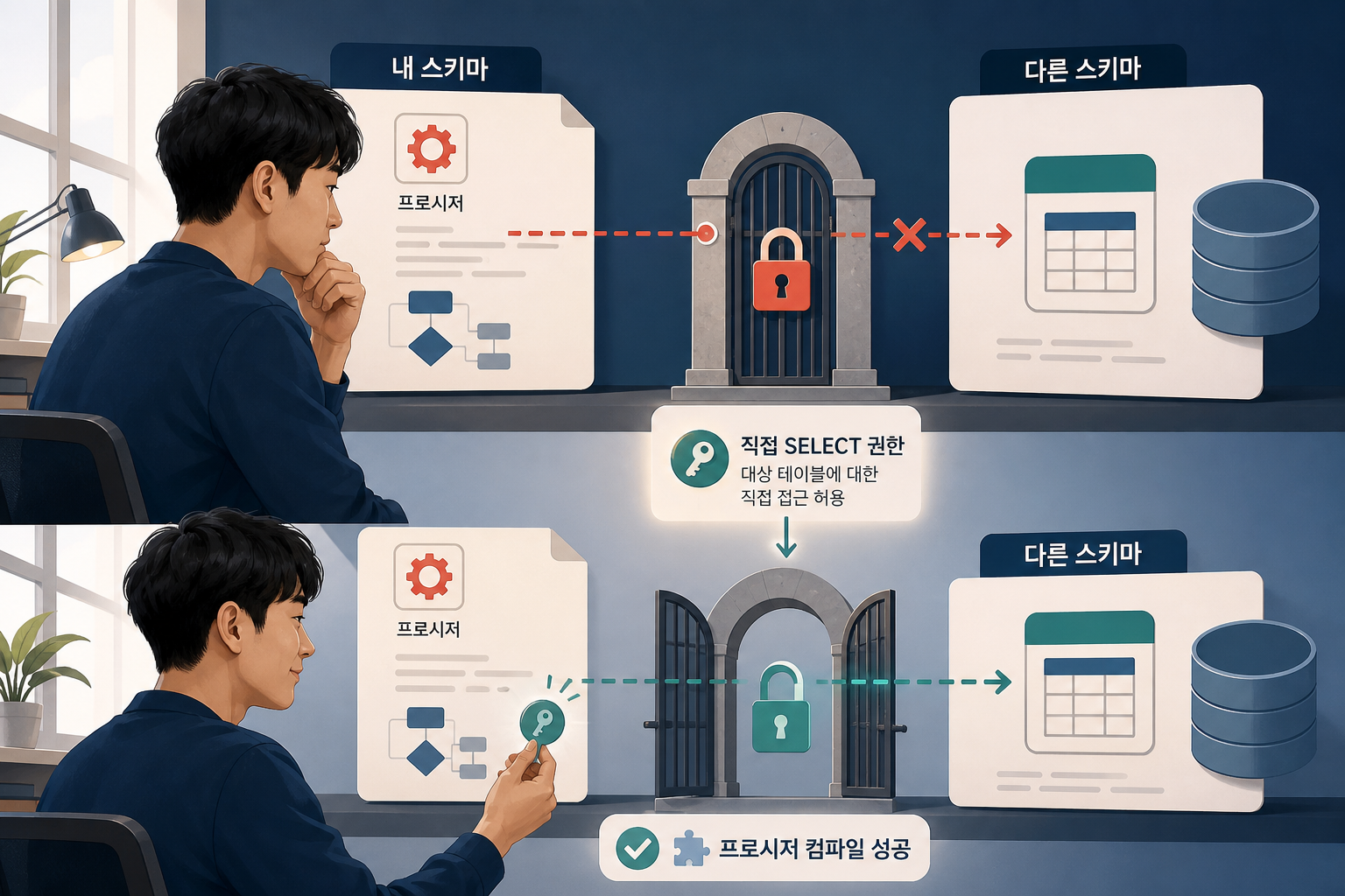 프로시저가 다른 스키마 테이블에 접근하지 못하다가 직접 SELECT 권한으로 연결되는 과정